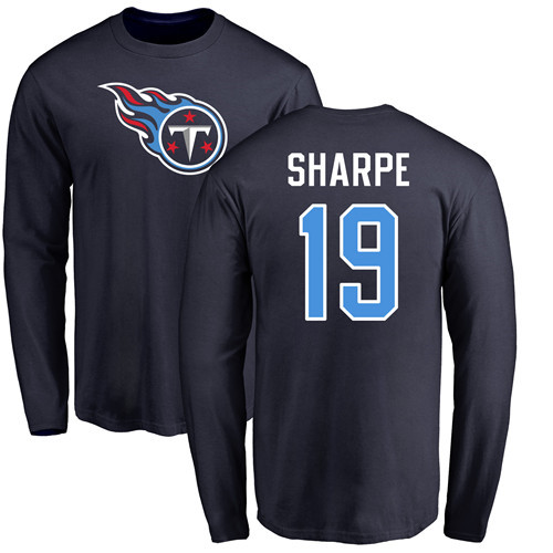 Tennessee Titans Men Navy Blue Tajae Sharpe Name and Number Logo NFL Football #19 Long Sleeve T Shirt->nfl t-shirts->Sports Accessory